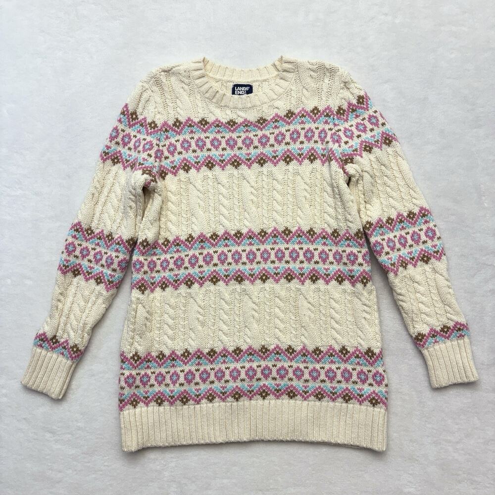 Lands End Fair Isle Cable Knit Sweater Tunic Ivory Pink Blue Women’s Size S
